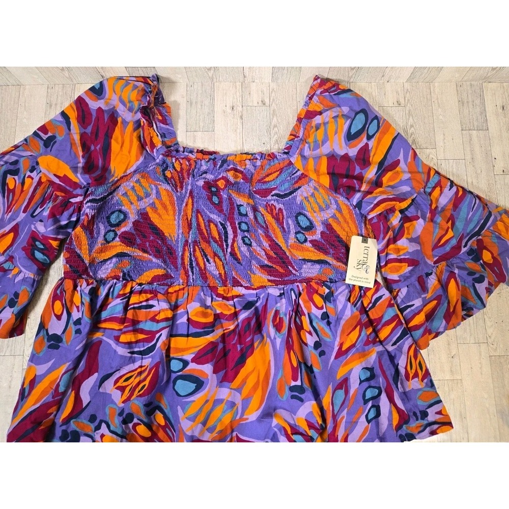 Terra & Sky Smock Top 3X 24w-26w Bell Sleeve Purple Design 3/4 Sleeve NEW